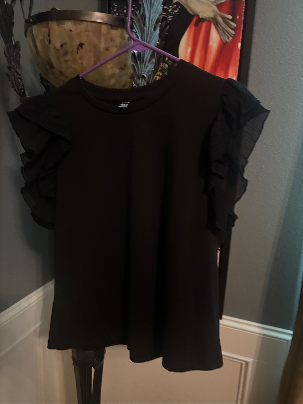 SHEIN Black Short Sleeve Ruffle Mesh Sleeve Tee - L - Picture 3 of 11